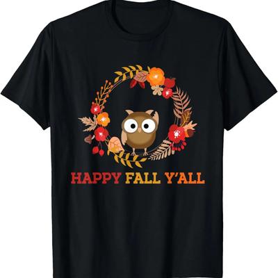 Happy Fall Y'all - Cute Owl Southerner Wreath - Brown T-Shirt