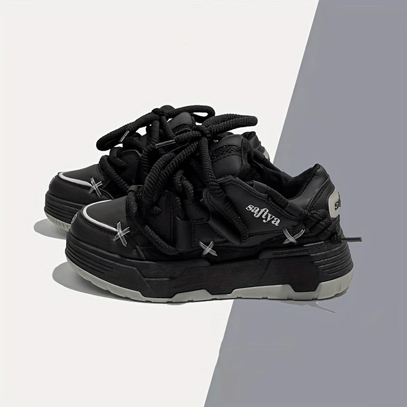 Женские кроссовки на массивной платформе со шнуровкой - Белый и светло-голубой синтетический верх и текстильная подкладка Толстая резиновая подошва для высоты Повседневная обувь на все сезоны 35 чёрный 2598₽