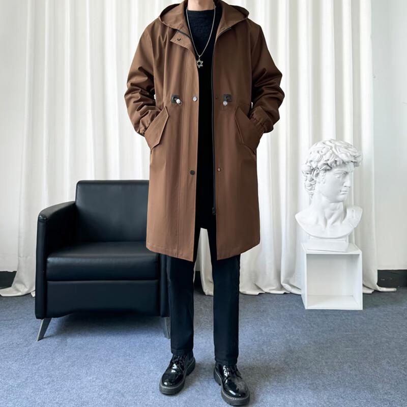 ROMON Men's Hooded Mid-Length Trench Coat