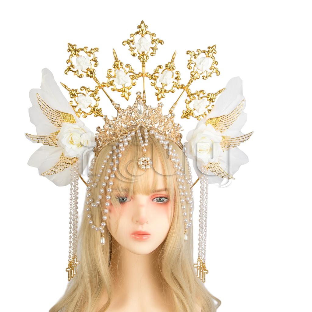 Lolita Corona Aureola Solare Fascia per Capelli Catena di Perline con Nappe Ali d'Angelo Fascia con Spine di Rosa Gotico Vintage Diadema Mary Barocco Copricapo