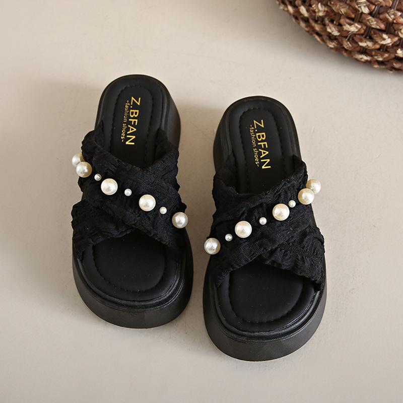 

Women s heightening new one-word sandals thick-bottomed outer wear skirt French elegant outer wear pearl slippers 2025 summer 40 чёрный