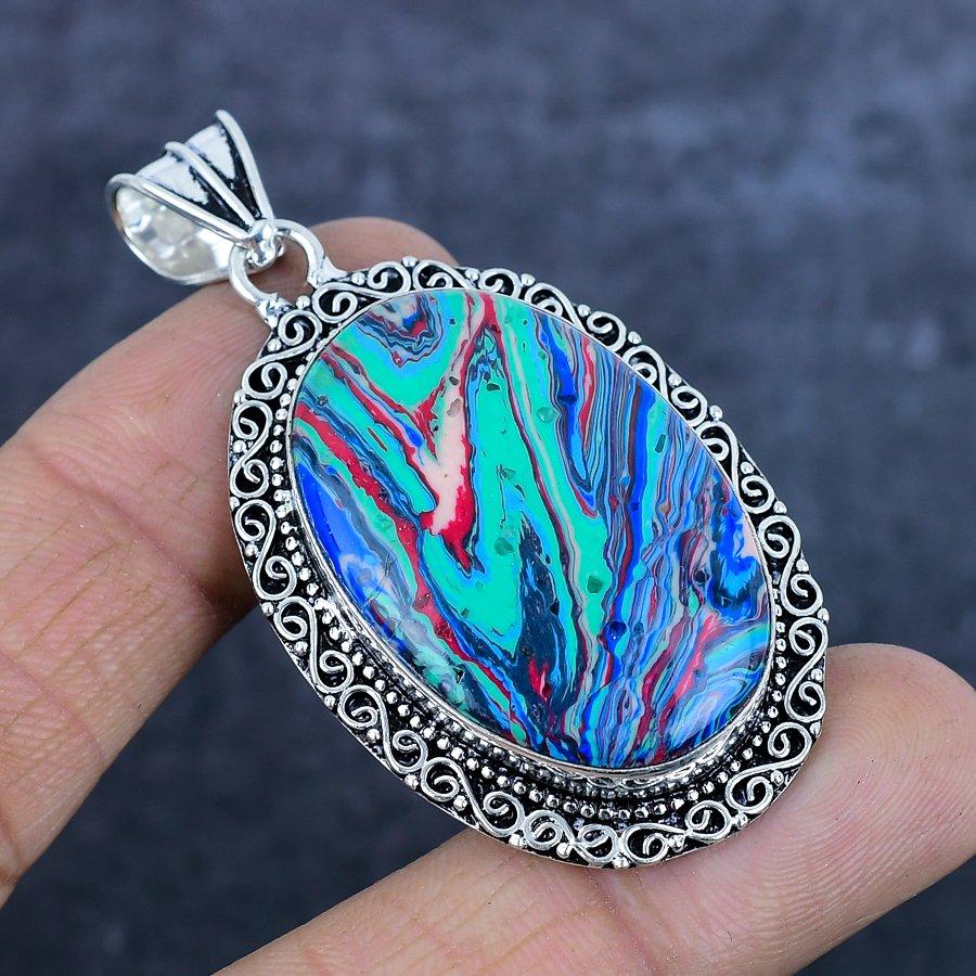 Natural Rainbow Calsilica 925 Sterling Silver Jewelry Pendant 2.44" L0p95