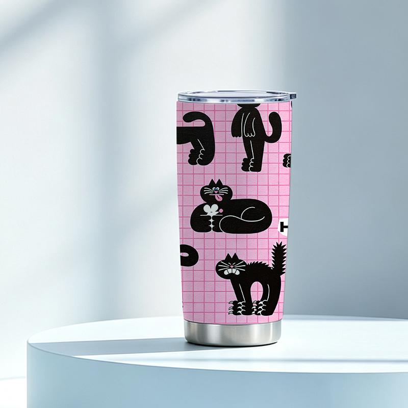Car Tumbler 591ml(1 Random Straw Included)Multi-Pose Pink Plaid Black Cat MotifVacuum Insulated Cup Large Iced Cup Creative Gift Cup