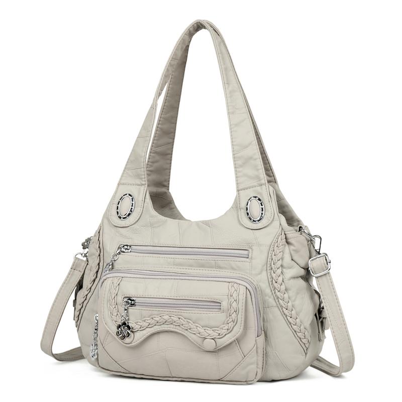 Women's Vintage Leather Shoulder Bag Multi-Zipper Pocket Crossbody Bag with Braided Detail Casual Handbag for  Use for Daily Life and Weekend Outings