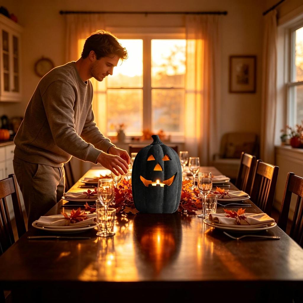 Halloween Pumpkin Lantern Resin Black Sculpture with LED Candle Spooky Figurine Tabletop Decor for Porch Haunted House Party