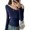 Women's Dark Blue Asymmetrical Long Sleeve Cotton T-Shirt - Korean Design, Slim Fit, Versatile Spring/Autumn Base Layer Top