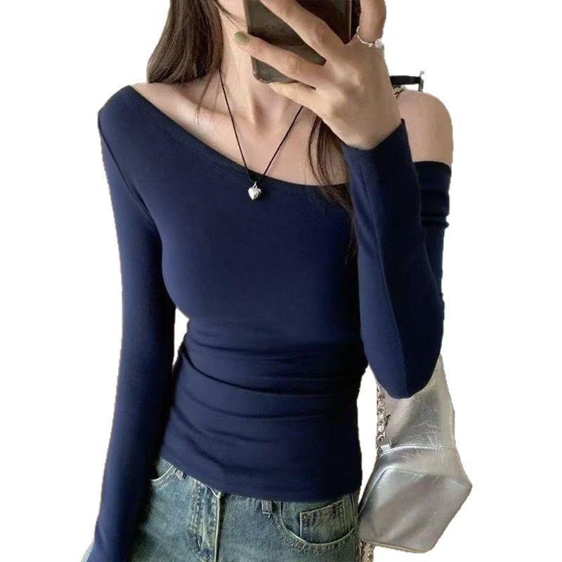 Women's Dark Blue Asymmetrical Long Sleeve Cotton T-Shirt - Korean Design, Slim Fit, Versatile Spring/Autumn Base Layer Top