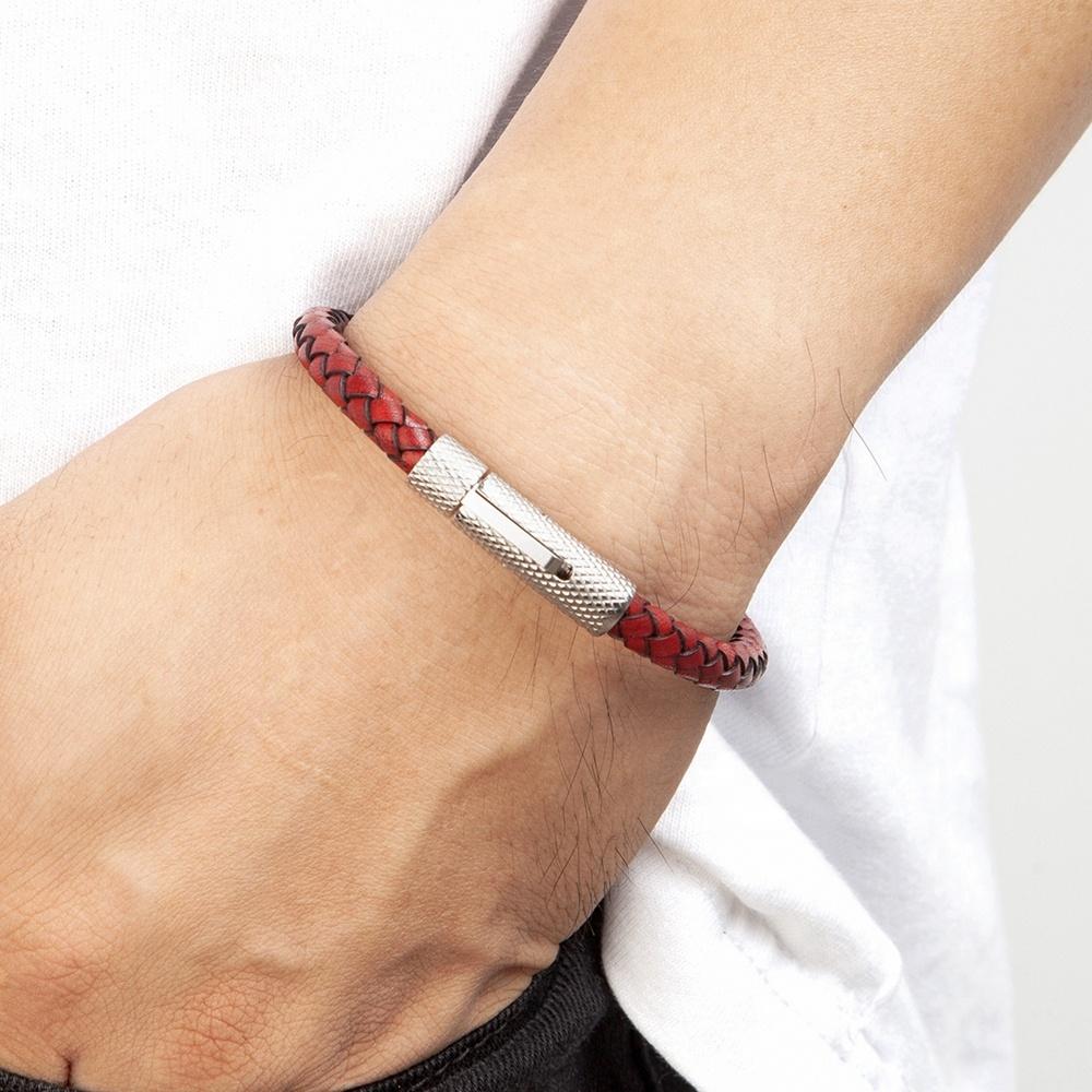QIKU Fashion Mens Braided Leather Bracelet Black/Brown/Red Stainless Steel Retro Simple Bangle Jewelry Christmas Gift