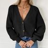 Women's V-Neck Buttoned Knit Cardigan - European & American Style Loose Casual Outerwear for Autumn & Winter