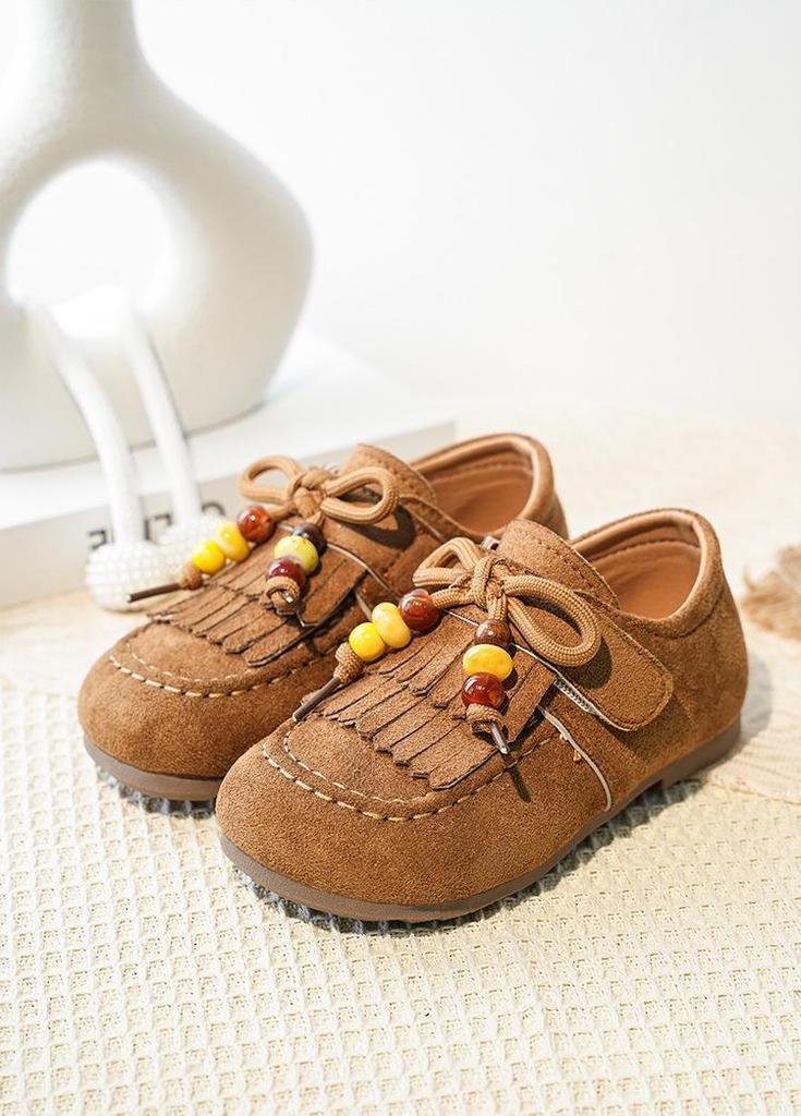 2026 Stilvolle Lederquasten-Prinzessinnenschuhe für kleine Mädchen - Frühling/Herbst Weiche Sohle Bohnenschuhe