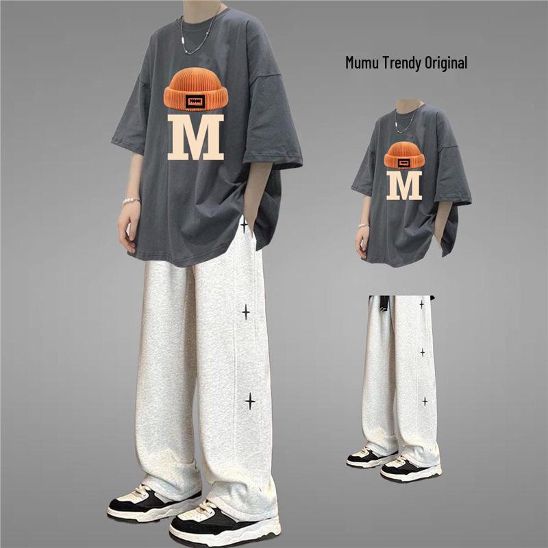 Men's Stylish Hong Kong Summer Outfit: Star Print Short Sleeve Top & Straight Leg Long Pants with Hat