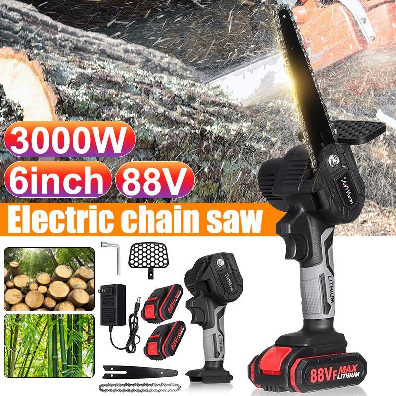 6 Inches 88V 3000W Mini Electric Chain Saw With 1/2Pcs Battery Rechargeable Woodworking Pruning Saw One-handed Garden 3000W