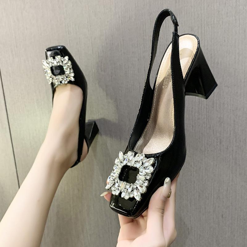 Spring 2025 new French thick heel non-slip high heels rhinestone square head empty bag head sandals women
