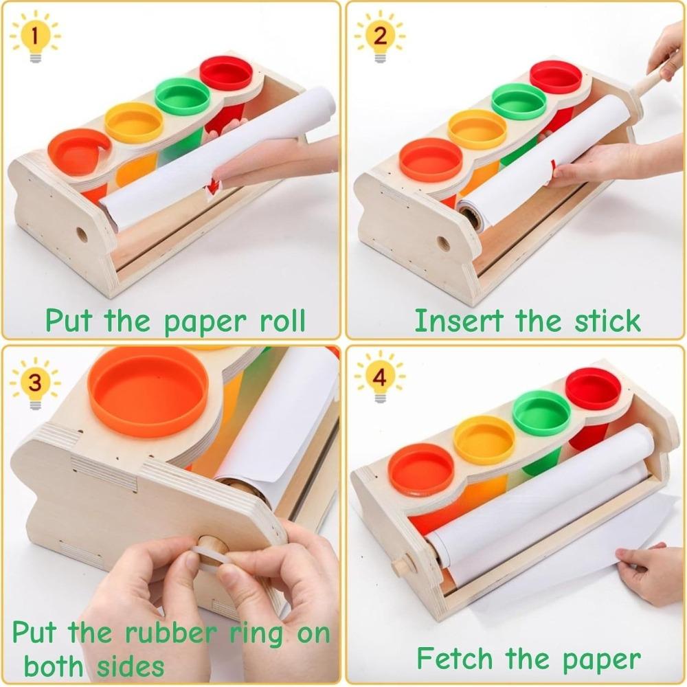 Wooden Tabletop Paper Roll Dispenser with Roll Pencil Cups Craft Art Paper Roll Holder for Kids Desktop Easel Drawing Painting