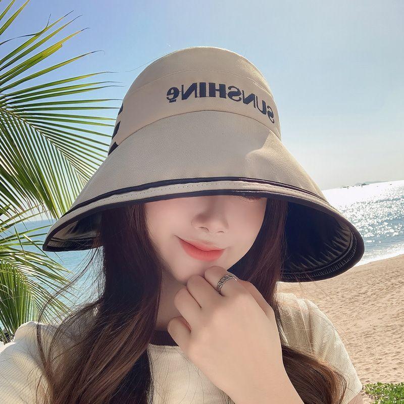 

Hat Female New Arrival Fashion Big Brim Letter Stripes Vinyl Topless Hat Summer Sun Protection Hat Sun Hat Stripes vinyl cap beige Adjustable