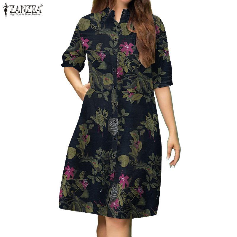 ZANZEA Women Casual Stand Collar Half Sleeve Loose Print Cotton Dress