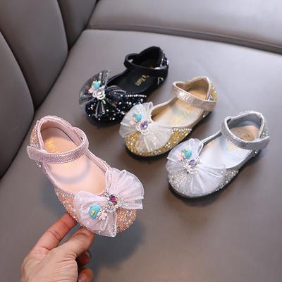 2024 Kids Leather Shoe Spring Autumn New Girls' Flat Shoes Fashion Sequins Bowtie Children Princess Shoes for Ballet Performance