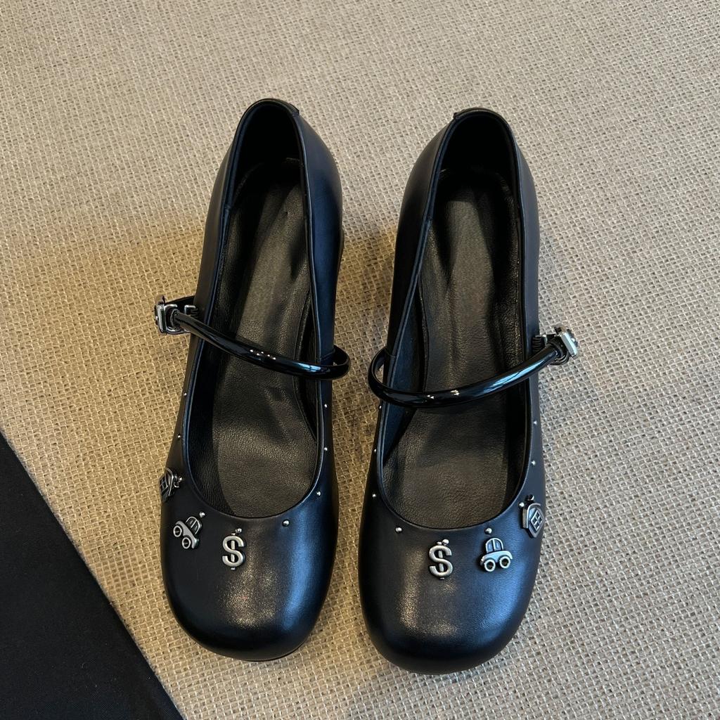 Frühling und Herbst neue runde Spitze poliertes Nischendesign mit dickem Absatz Mary Jane Einzelne Schuhe Damen mittlerer Absatz