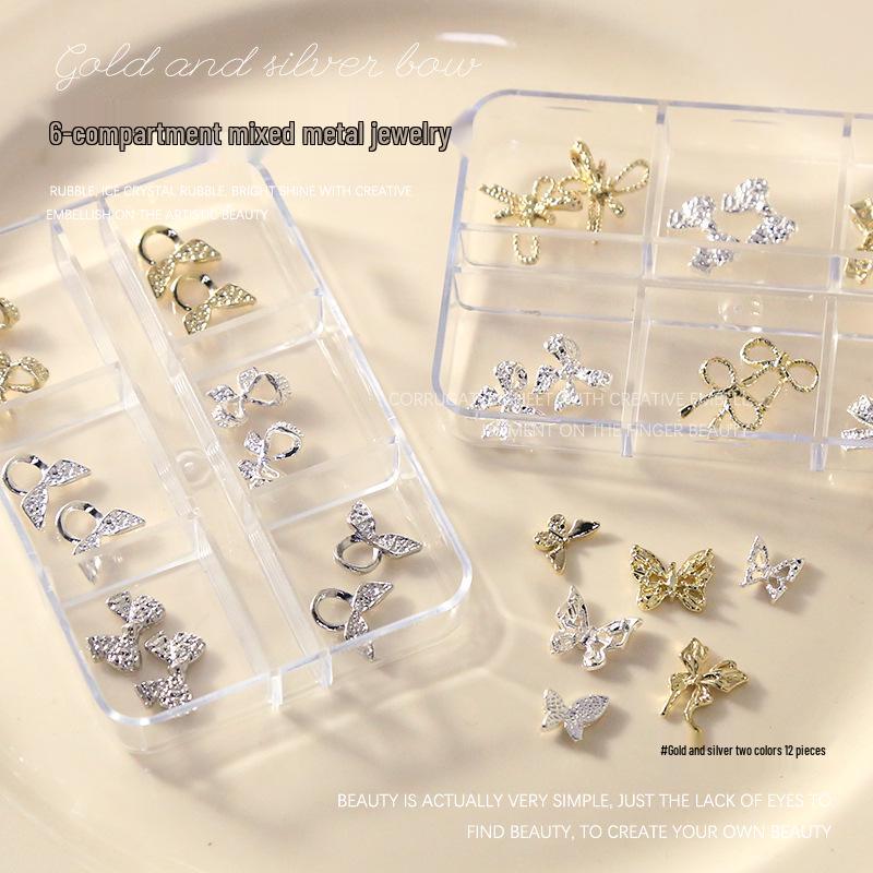 

6-Grid Boxed Nail Art: 3D Gold & Silver Butterfly, Bow Ribbon Decorations