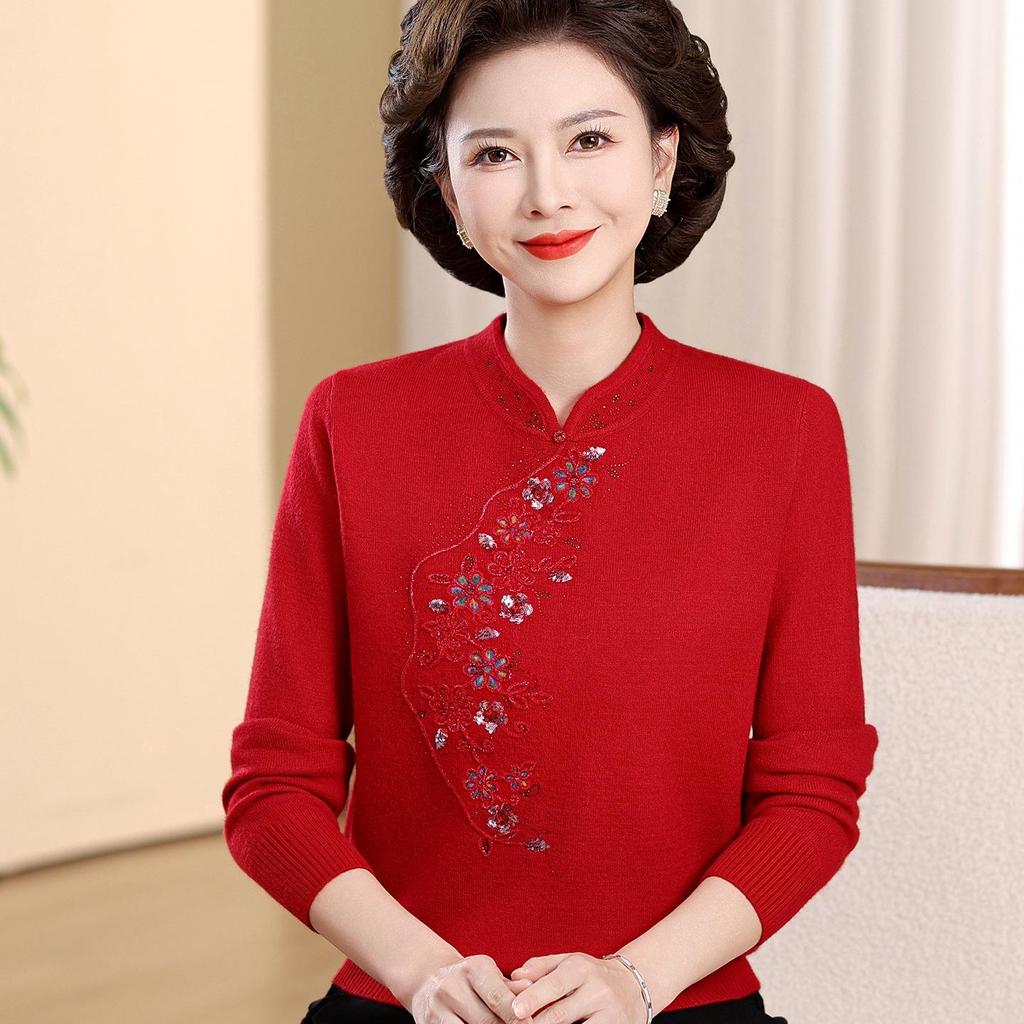 New Chinese Style Warm Fleece-Lined Qipao Collar Sweater for Middle-Aged & Elderly Women