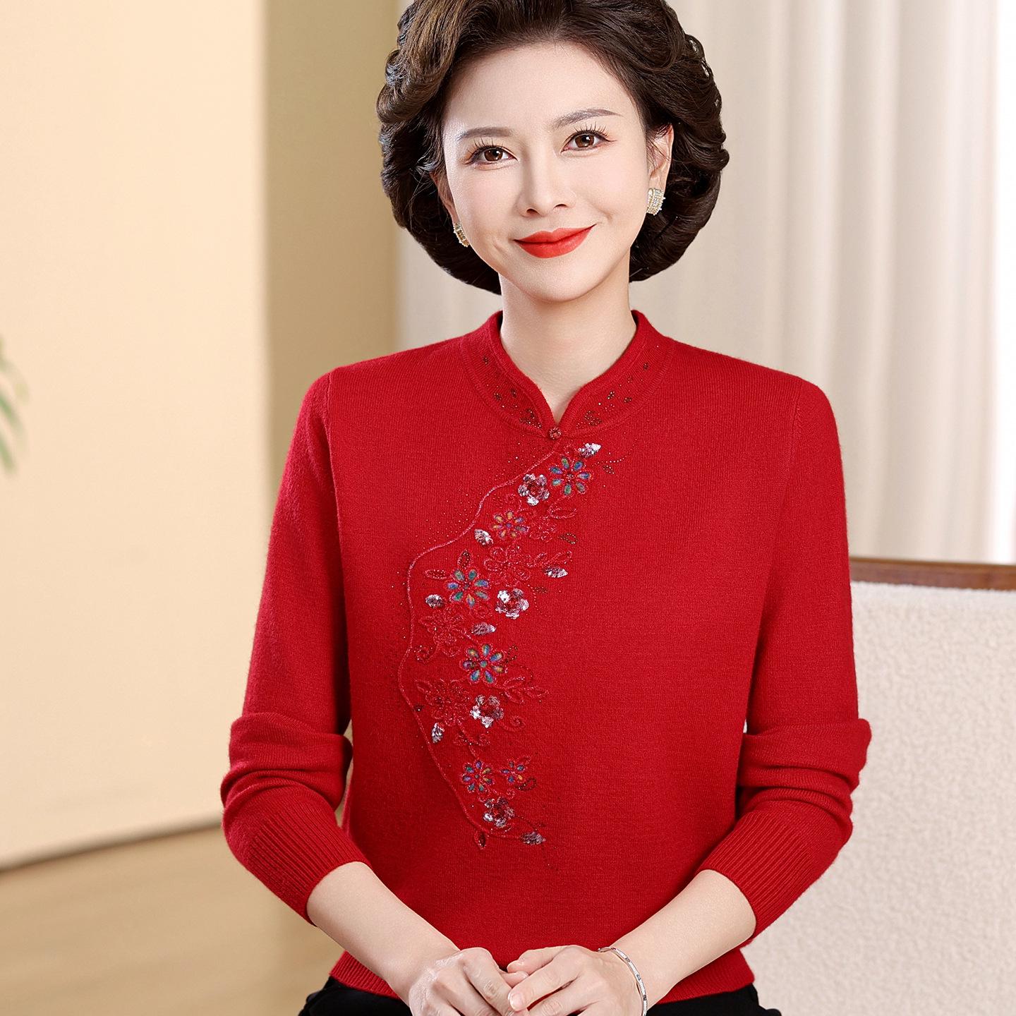 

New Chinese Style Warm Fleece-Lined Qipao Collar Sweater for Middle-Aged & Elderly Women XL [105-120 Jin]