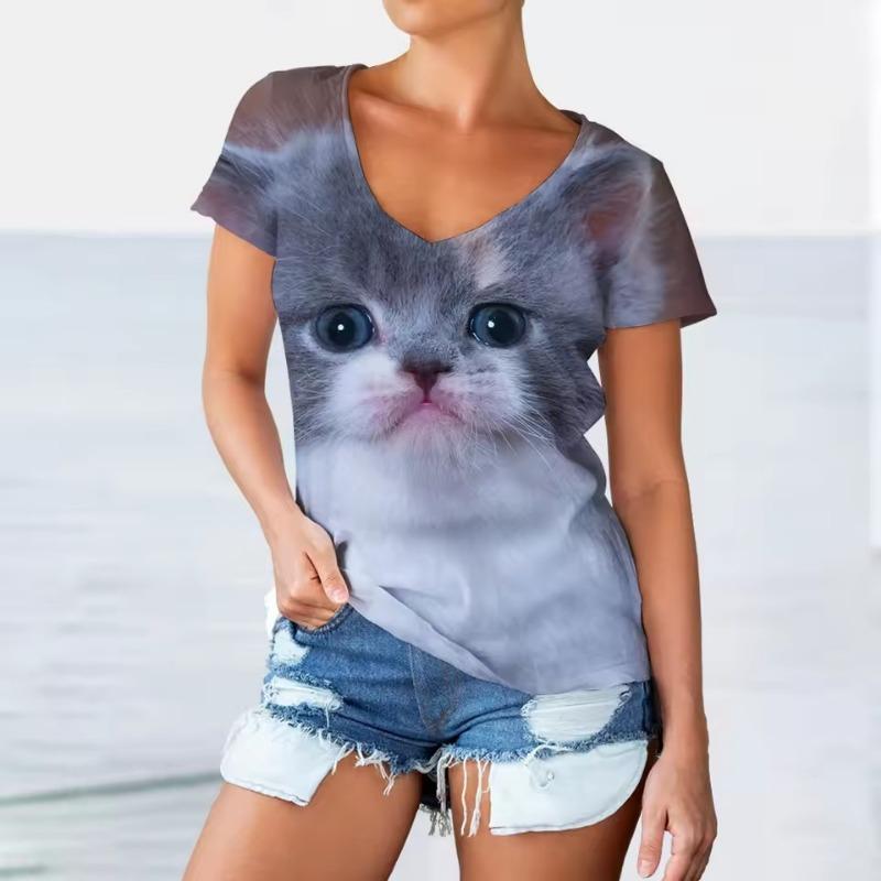 Women V-neck Short Sleeve Casual Fashion Kawaii Graphics T-shirt Oversized Female Girls Clothes 3D Funny Cats Print T Shirts