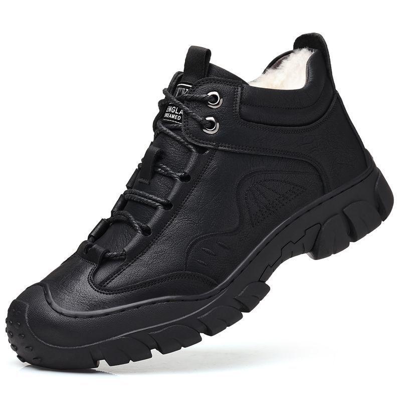 

Men s Genuine Cowhide Leather and Fur Winter Snow Boots - Warm, Non-Slip, Plush Lining 38 чёрный
