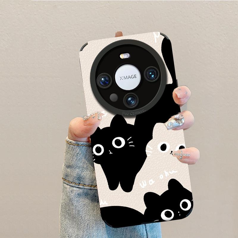 Trendy brand black cat is suitable for Huawei mate60pro mobile phone case lambskin p70 retro 50/40 premium glory 200.