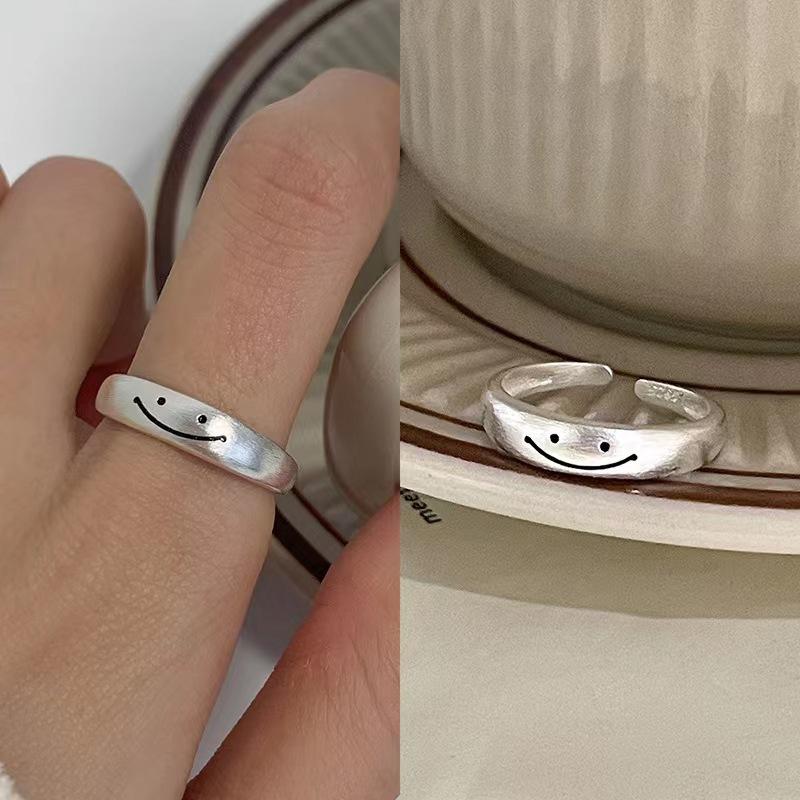 New Cute Double Layered Staggered Smile Face Rings for Women Fashion Jewelry Aesthetic Silver Color Open Finger Ring Decoration