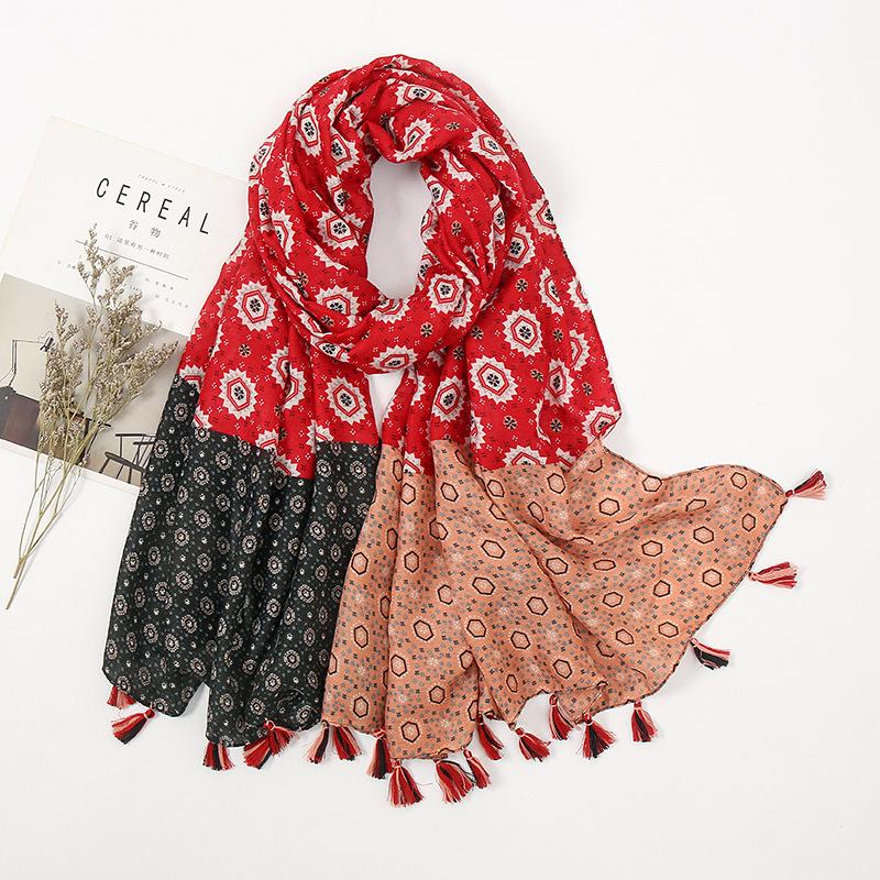 Fashion Women Bohemina Aztec Floral Patchwork Tassel Scarf Lady Print Shawls and Wraps Female Foulards Echarpe Designer 180*90Cm