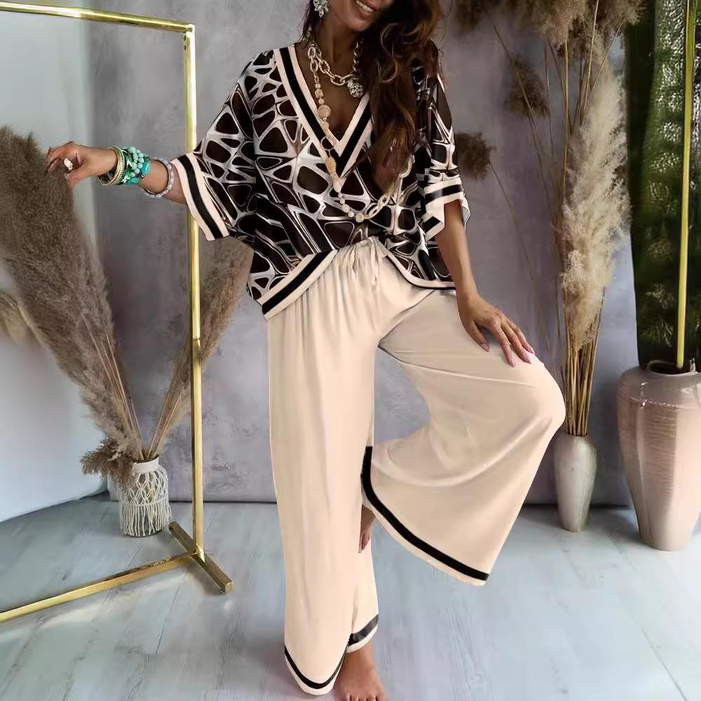 Women's Printed Bat Sleeve Top and Wide-Leg Pants Set
