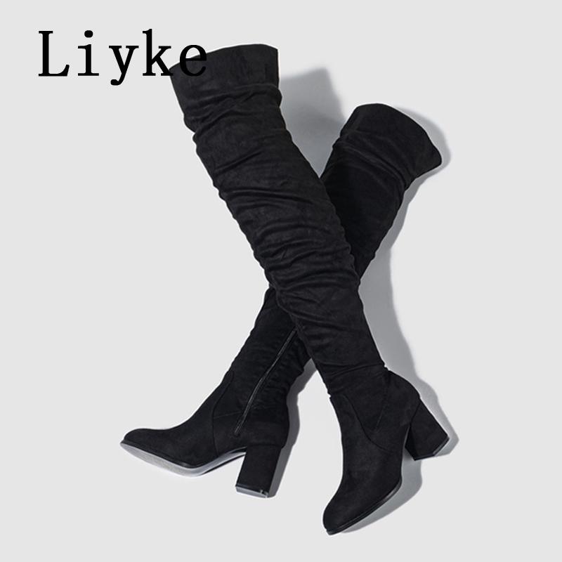 Fashion Liyke 2025 New Fashion Round Toe Zip Thigh High Boots Women Autumn Winter Chunky Heels Motorcycle Over The Knee Shoe Botas Mujer