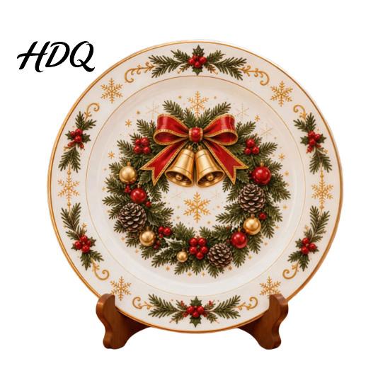 Winter Holiday Plate Wooden Christmas Round Plate Santa Snowman Stocking Tree Bell Sleigh Dish Table Centerpiece Decor Xmas Tabletop Ornament