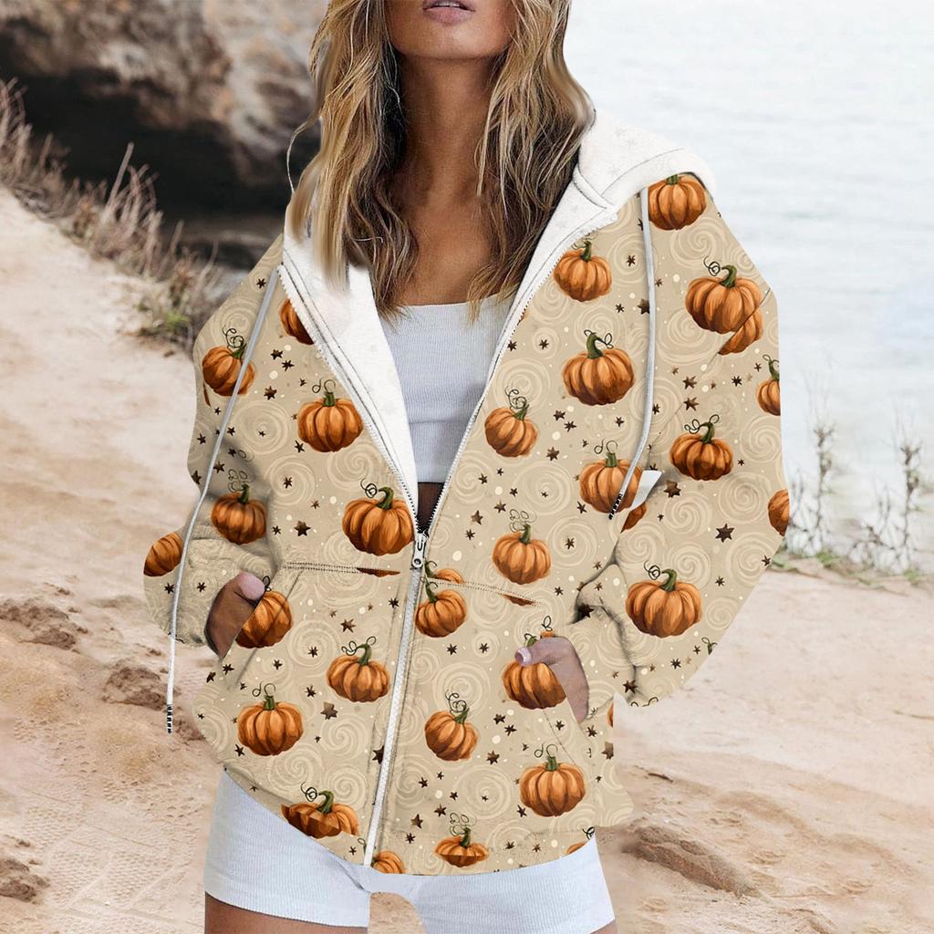 Women's Fashion Casual Halloween Printed Sweatshirt Long Sleeve With Pocket Cardigan Jacket Zipper Hoodie Coat