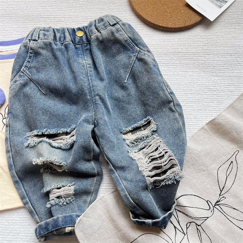 Boys' American High Street Ripped Jeans Children's Trendy Casual Straight Leg Pants Loose Pants