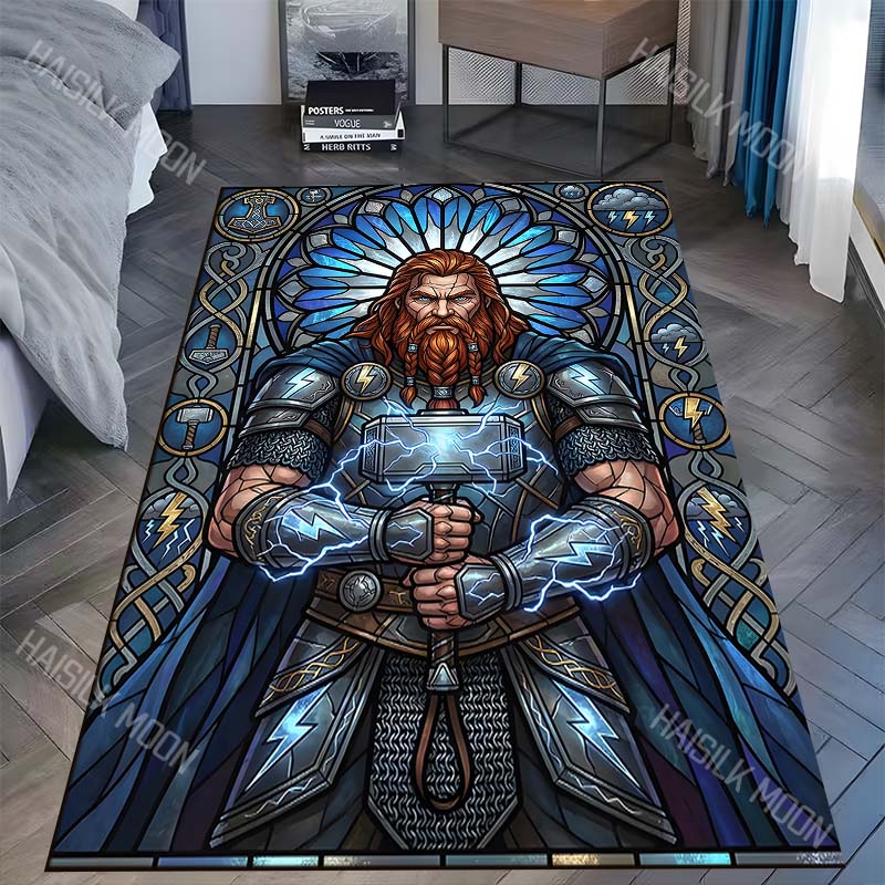 Thor holding hammer, blue glow Print Carpet Rug for Living Room Bedroom Sofa Doormat Home Decor Non-slip Floor Mat