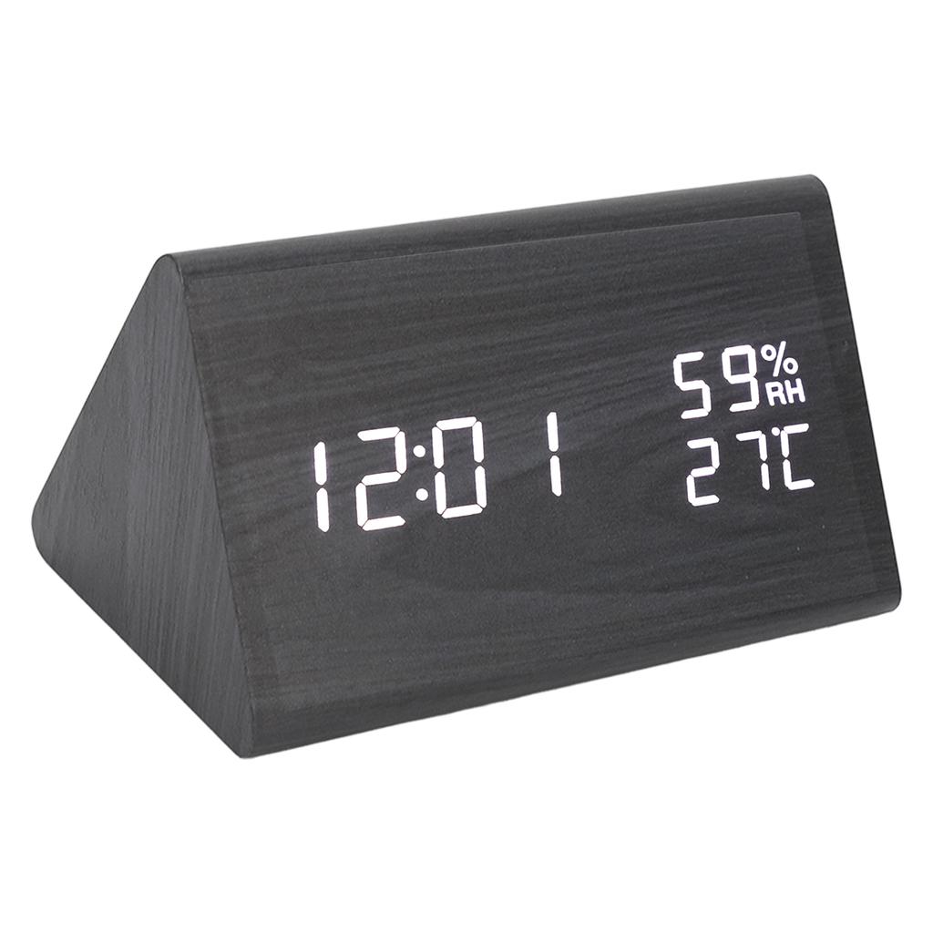 Wooden Digital Alarm Clock Triangular Voice Control Electronic LED Clock for Bedroom Office Black Wood White Letter