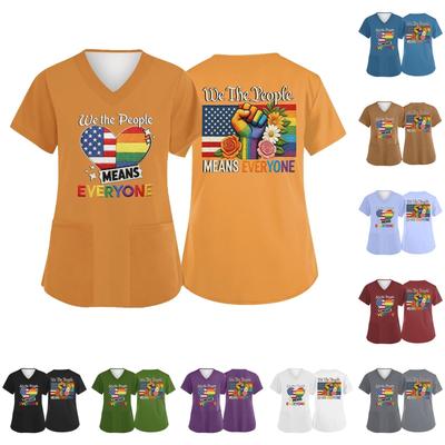 Women V Neck Short Sleeve Work Shirt with Pockets Independence Day Graphic Print Top Nurse Uniform Medical Scrub Tee