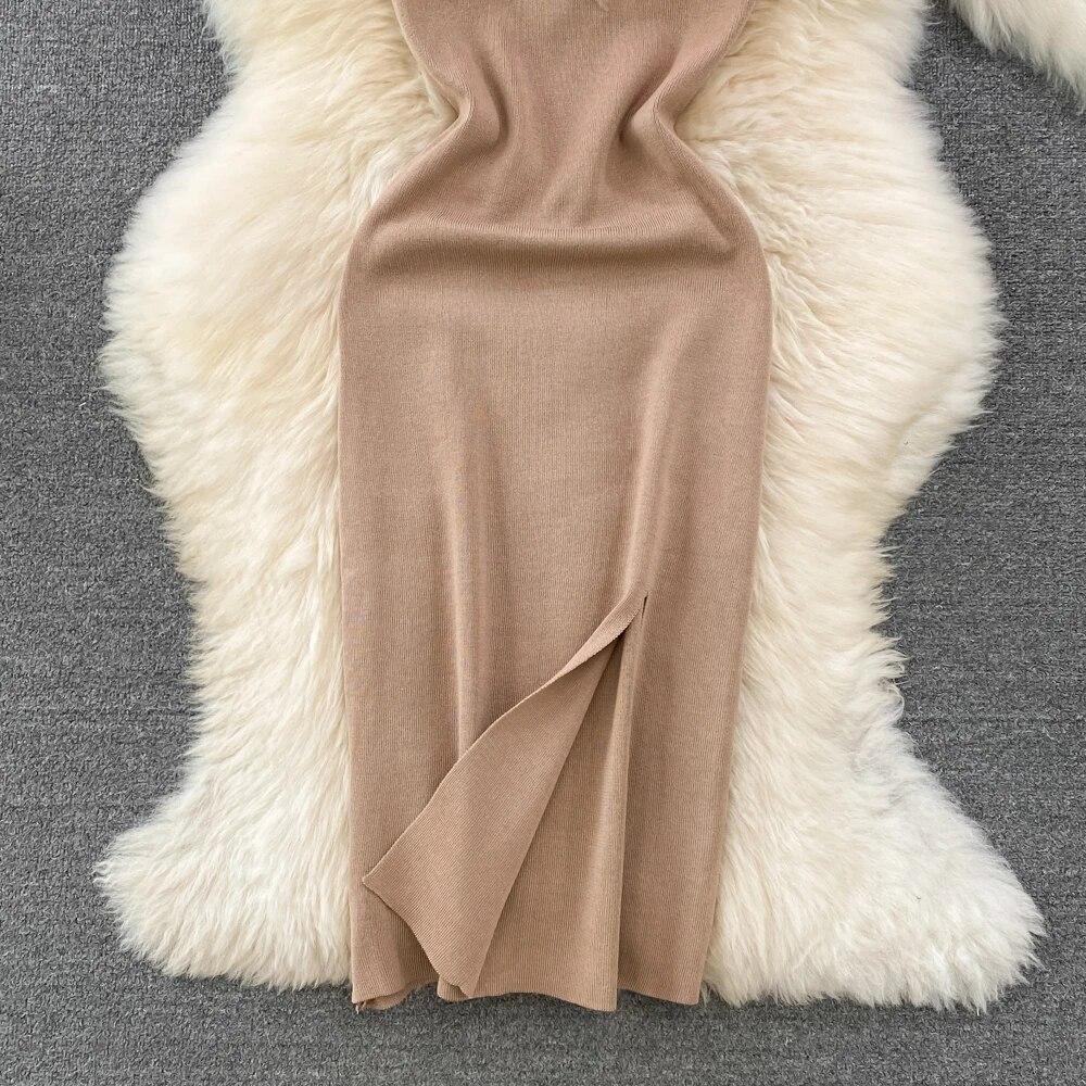 RUGOD France Sexy Knitted Club Dress Women Sleeveless Split Sundress Vintage Short Dress Feathers Montage Green Slim Dress