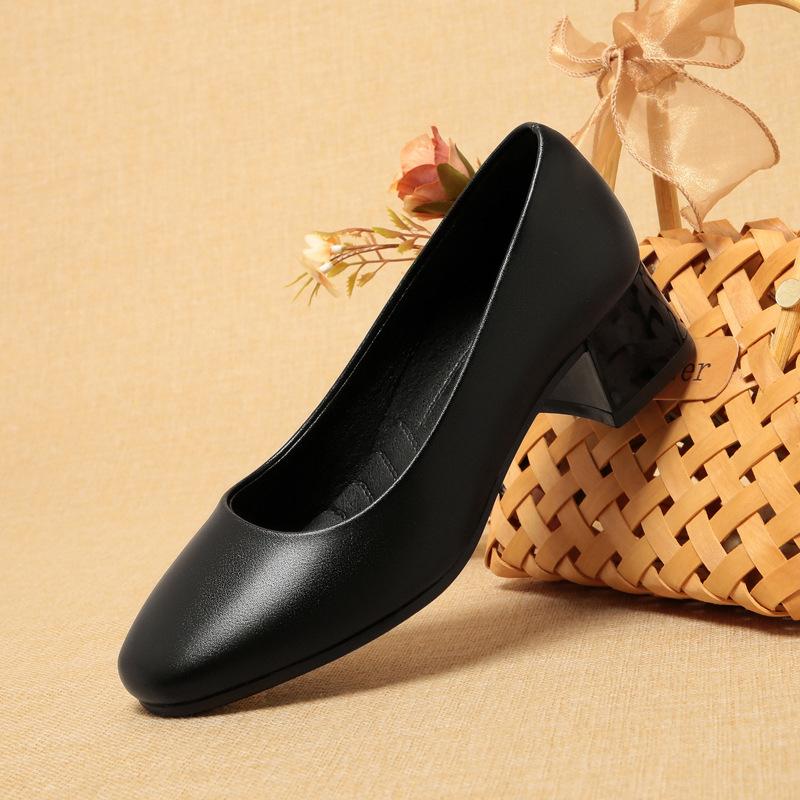 Stewardess Leather Shoes Soft Sole Round Toe Thick Heel Work Shoes For Women Black Hotel Formal Interview Single Shoes For Women