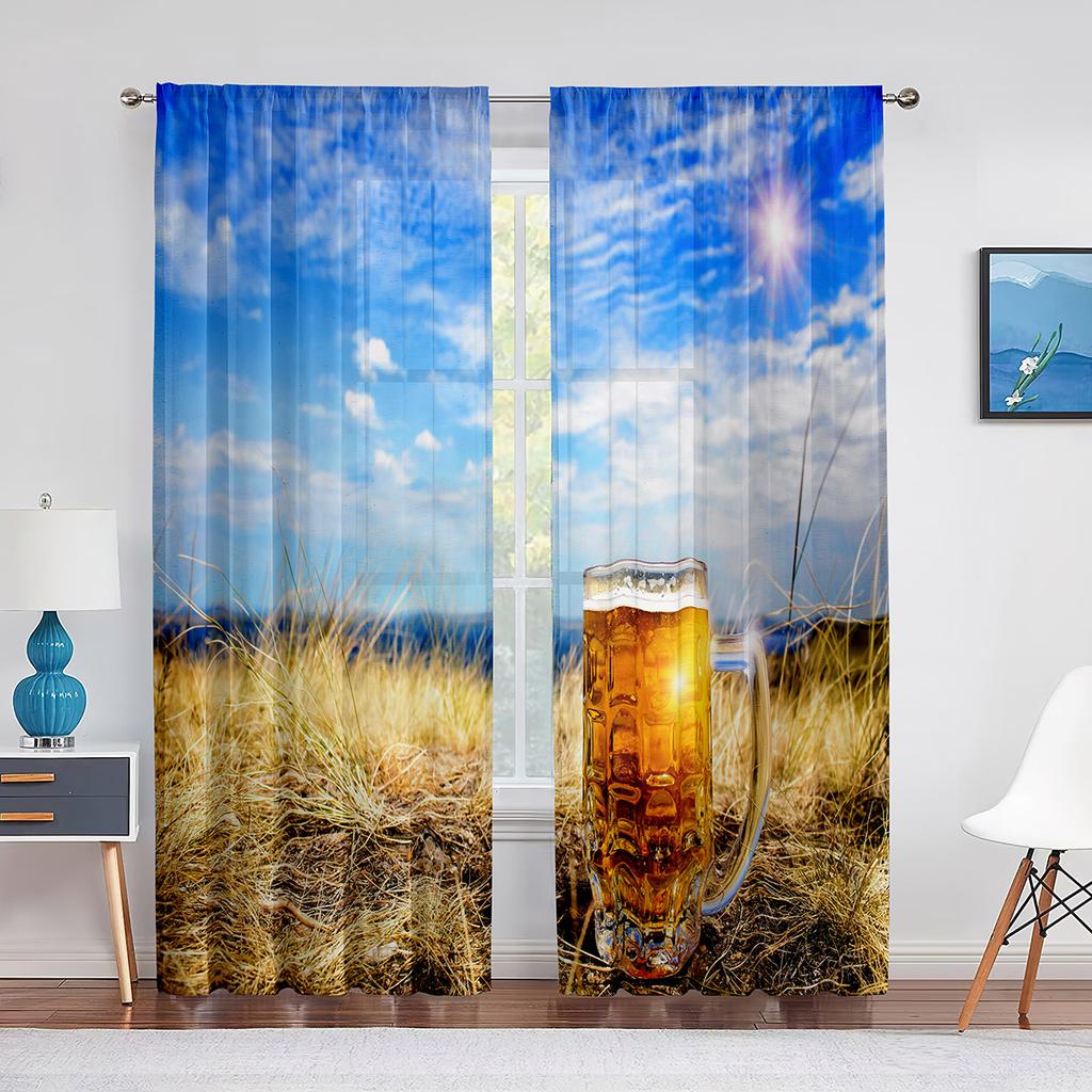 Glasses of Beer and Ale Barrel on Wooden Table Tulle Curtains for Living Room Bedroom Decor Chiffon Sheer Voile Kitchen Curtain