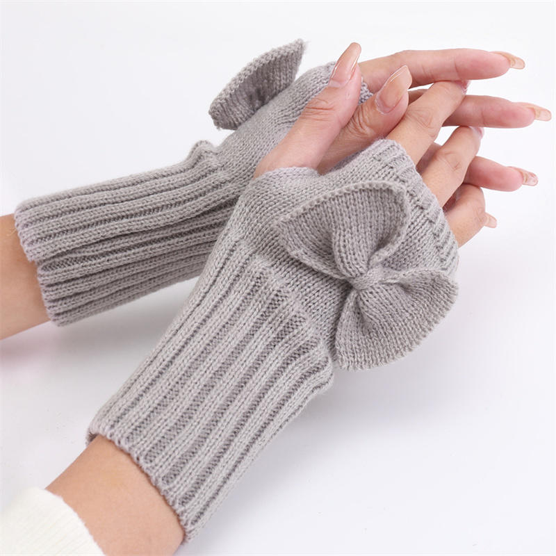 Women Short Bow Cable Knitted Warm Fingerless Gloves Outdoor Stretchy Arm Warmers Office Typing Wrist Gloves