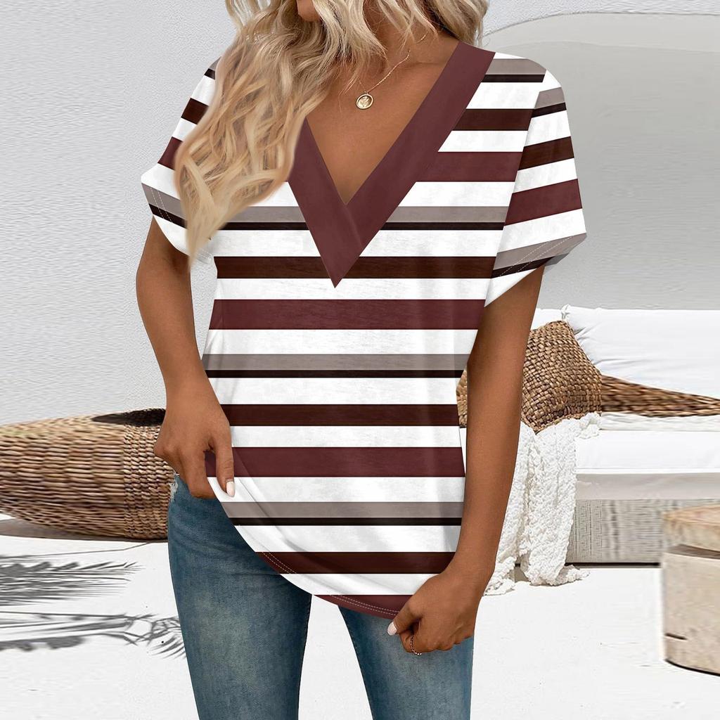 Damen Kurzarmshirts V-Ausschnitt Print Tops Freizeitoberteile Basic Tees Bluse Lockere Oberteile