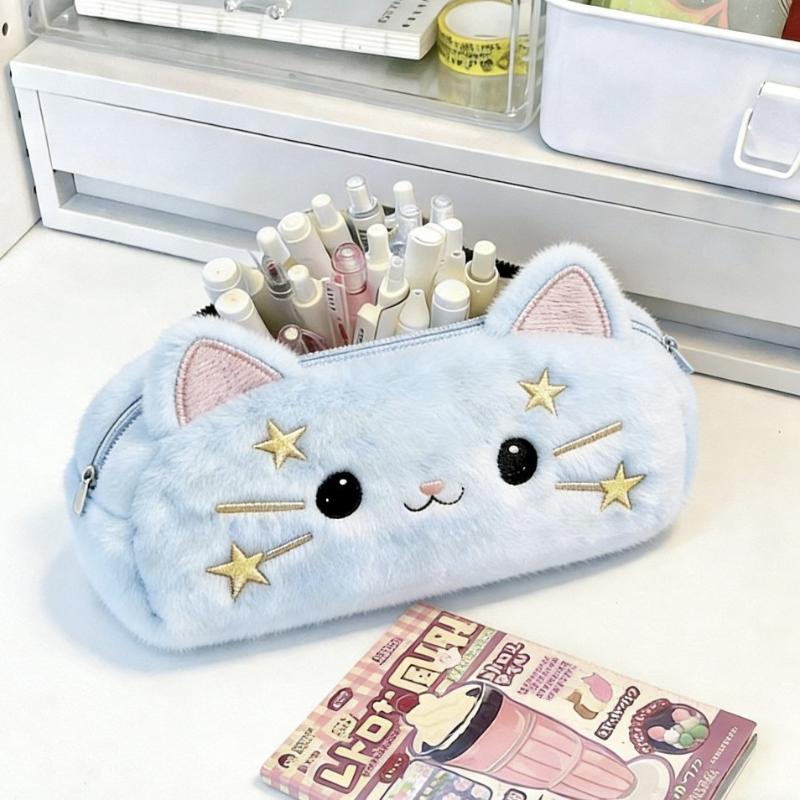 Cute Cartoon Plush Star Cat Pencil Case Multi-Layer Large Capacity Stationery Storage Bag Student Pencil Case Stationery onesize