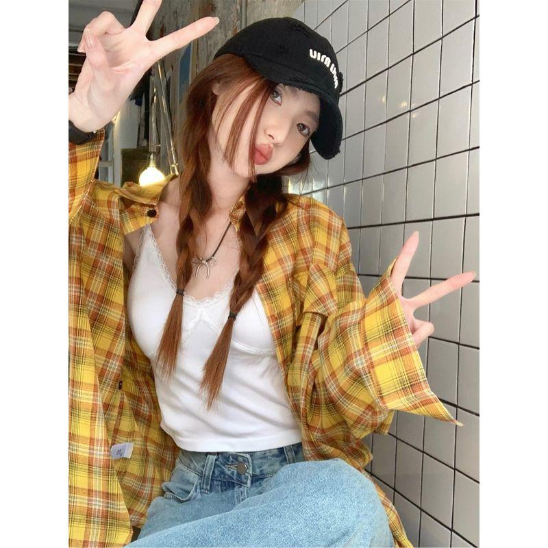 Kumikumi Yellow Casual Mid Length Long Length Gingham Shirt