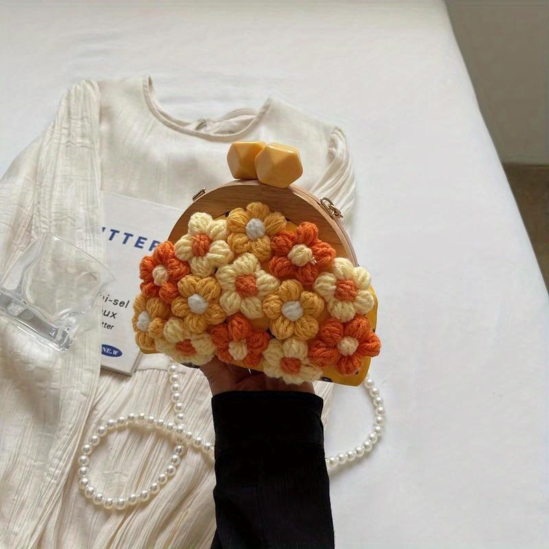 Retro Wooden Clip Purse Handbag Fashion Crochet Bag For Women Trend Simulation Pearl Chain Crossbody Bag Lady Knitting Handbag Purse