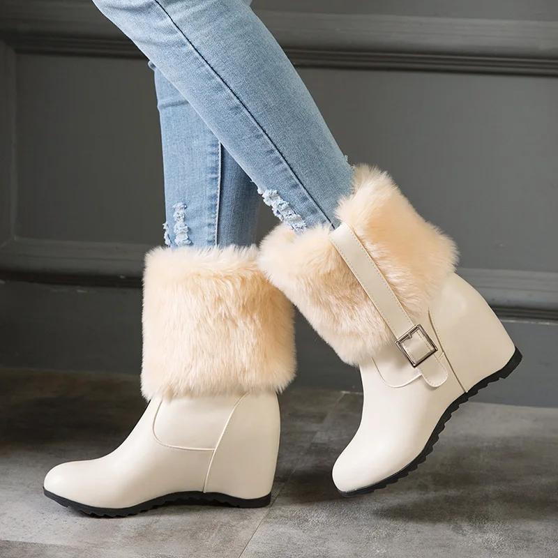 Ladies Height Increasing Fur Ankle Boots Daily Concise Boots Buckle Women High Heels Shoes Female Winter Botas Mujer White Black