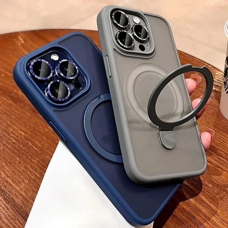 Mat Halka Tutucu Cam Lens Telefon Kılıfı iPhone 15 14 13 12 11 Pro Max Plus Magsafe Kablosuz Manyetik Sert Tampon Kapak