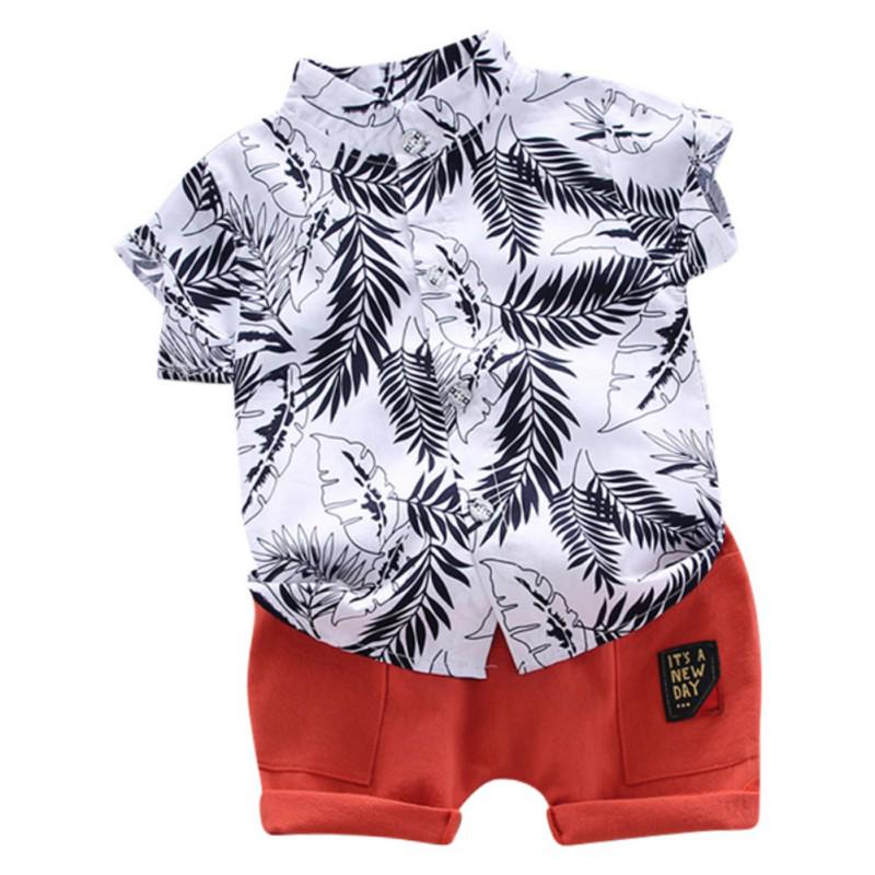 Sommer Barn Baby Gutter Kortermet Løv Mønster T-skjorte Bluse+Shorts Uformelle antrekk sett