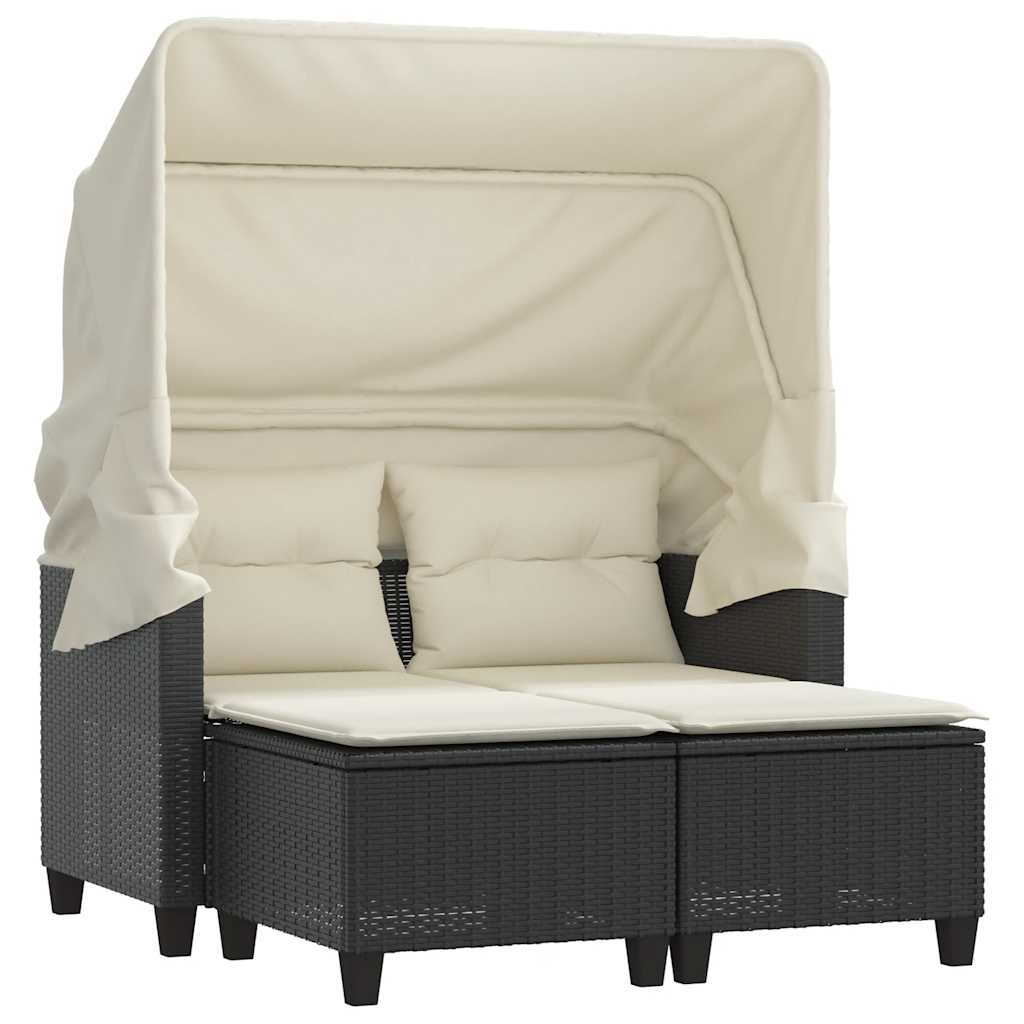 2-Sitzer Gartensofa mit Baldachin und Fußhockern Schwarzes Poly-Rattan